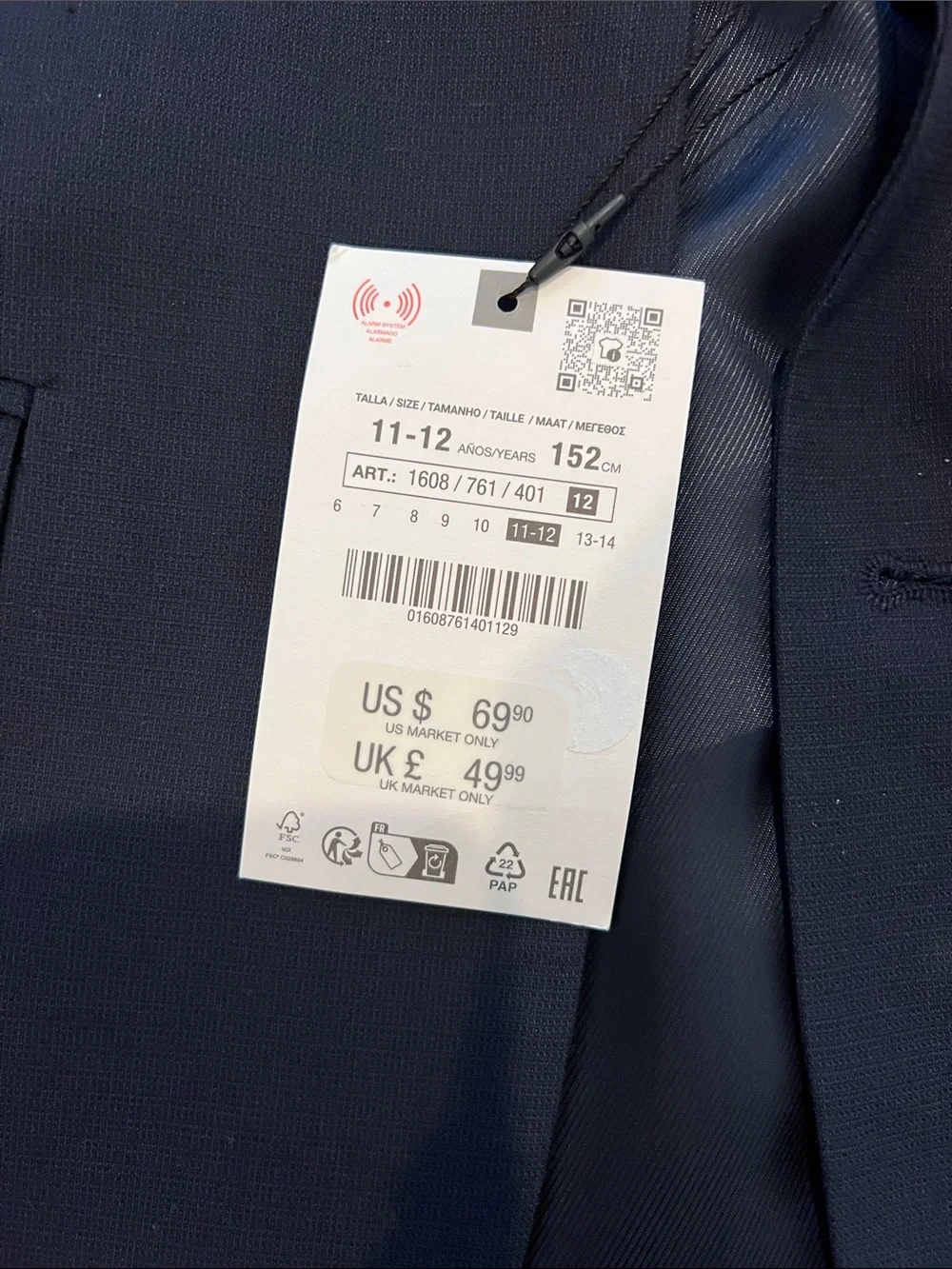 NWT Zara Navy Boys Two-Button Blazer 11-12